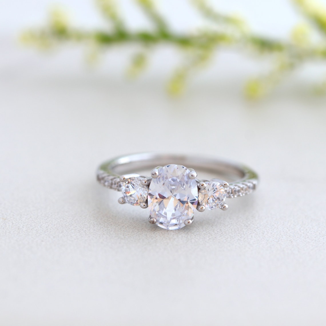 1.50 CT Oval Moissanite Three Stone & Pave Setting Engagement Ring - farrellouise