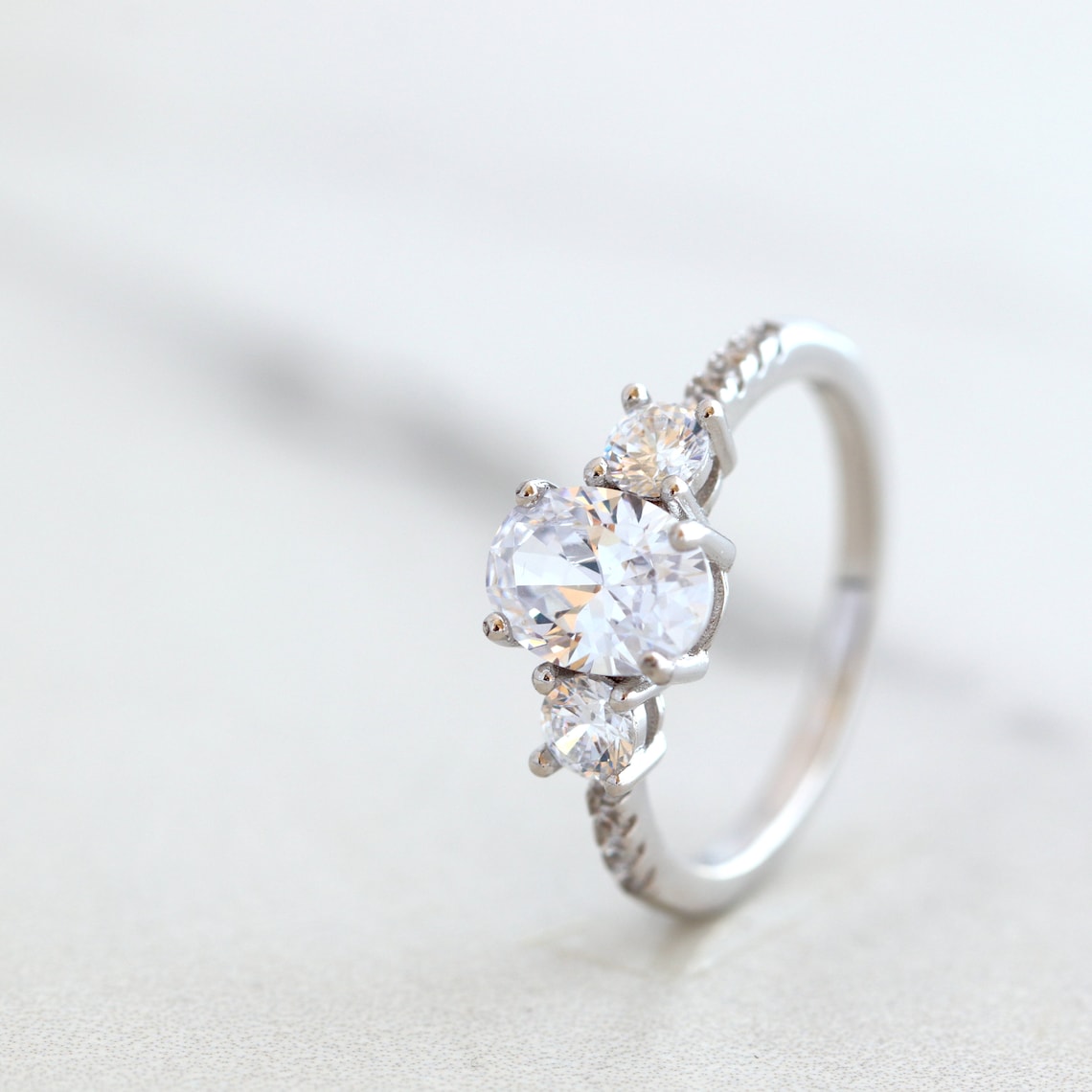 1.50 CT Oval Moissanite Three Stone & Pave Setting Engagement Ring - farrellouise