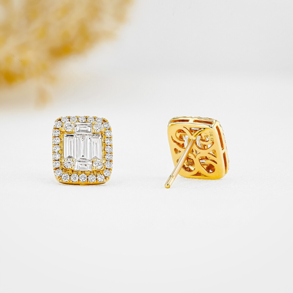 1.30 TCW Round & Baguette Moissanite Diamond Halo Stud Earrings - farrellouise