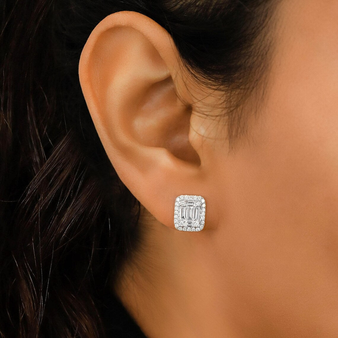 1.30 TCW Round & Baguette Moissanite Diamond Halo Stud Earrings - farrellouise