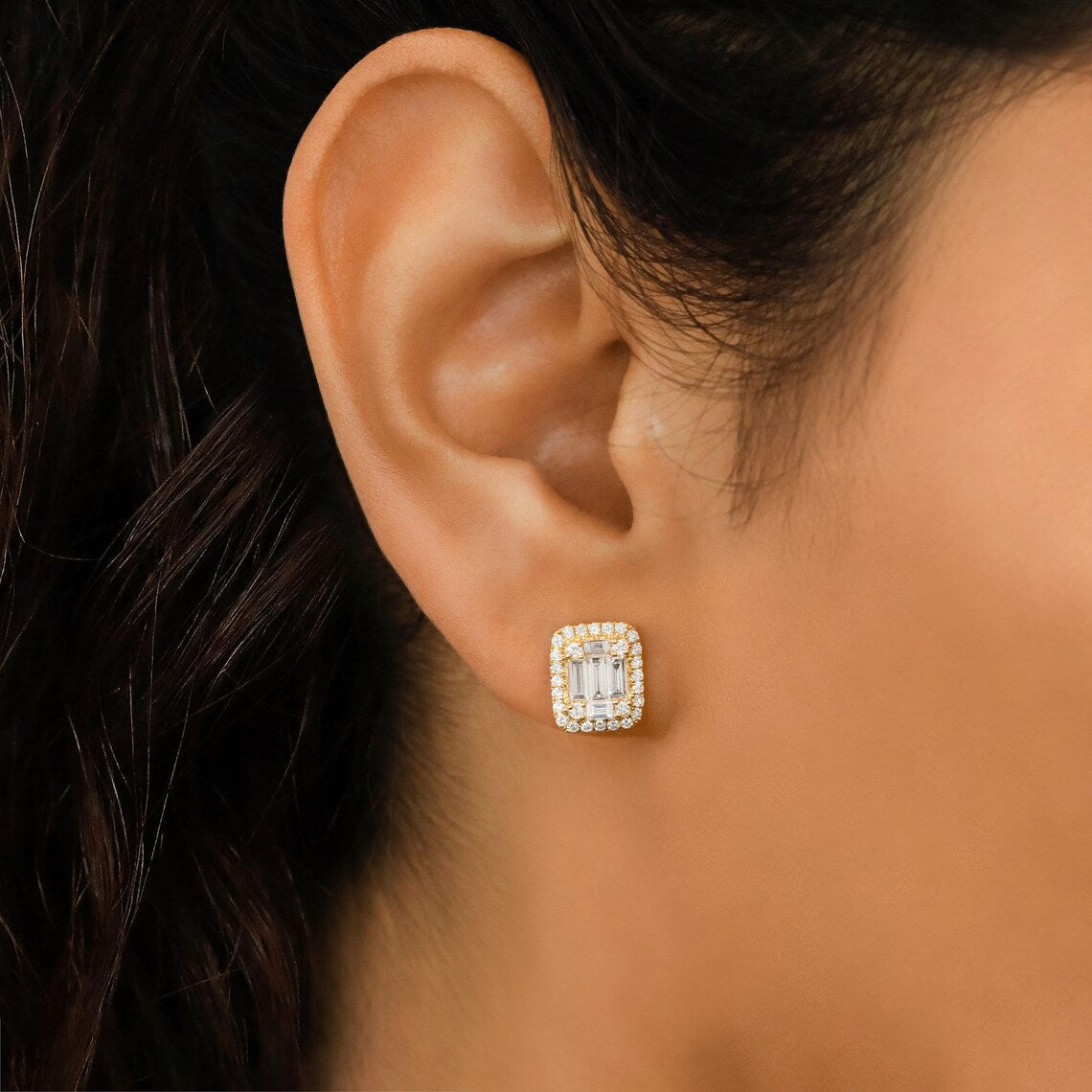 1.30 TCW Round & Baguette Moissanite Diamond Halo Stud Earrings - farrellouise