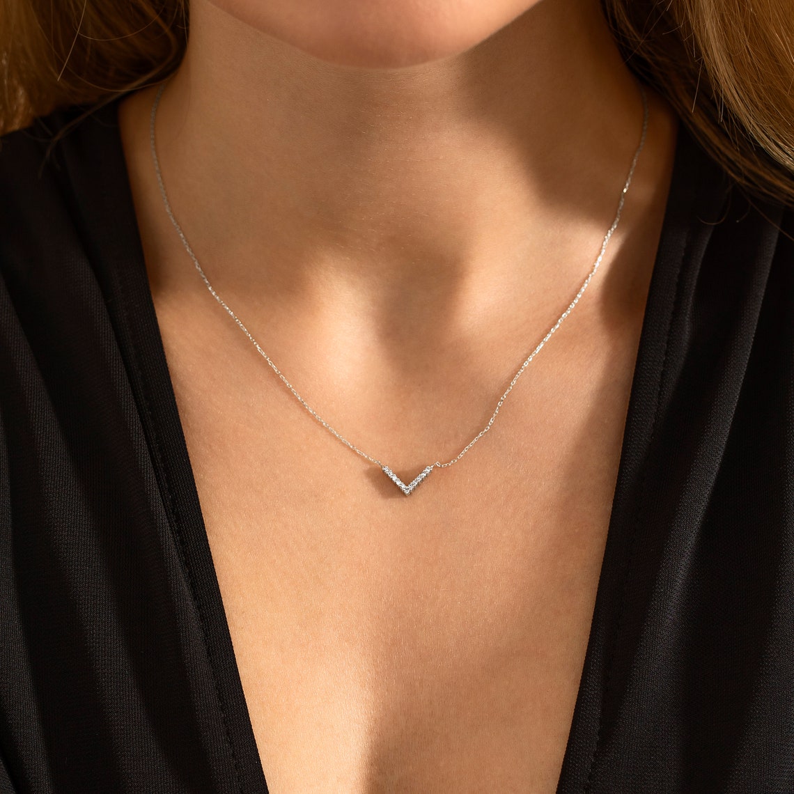 0.10 TCW Round Moissanite Diamond V Shaped Necklace - farrellouise