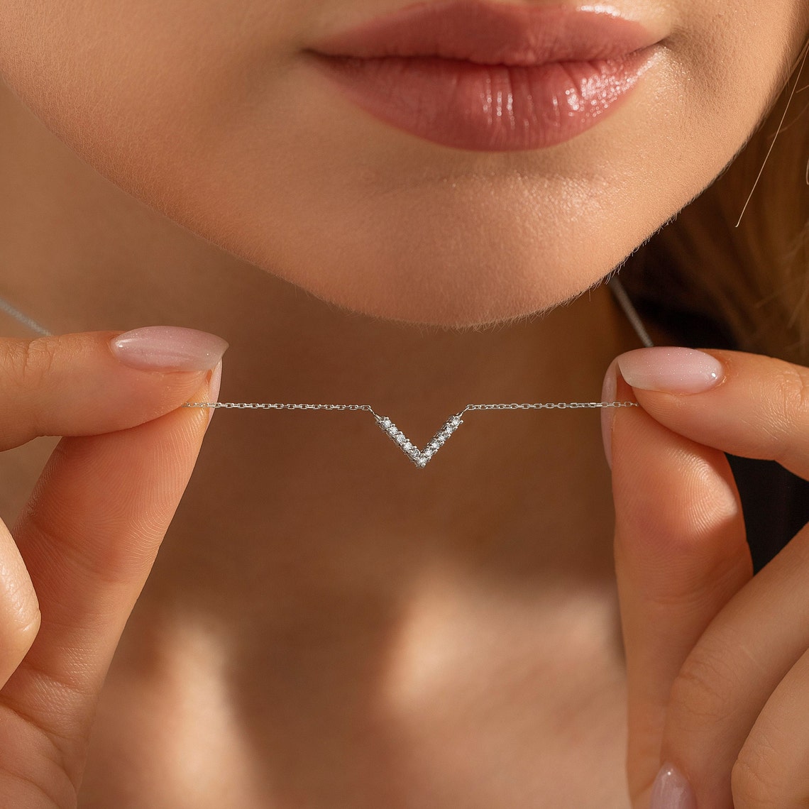 0.10 TCW Round Moissanite Diamond V Shaped Necklace - farrellouise