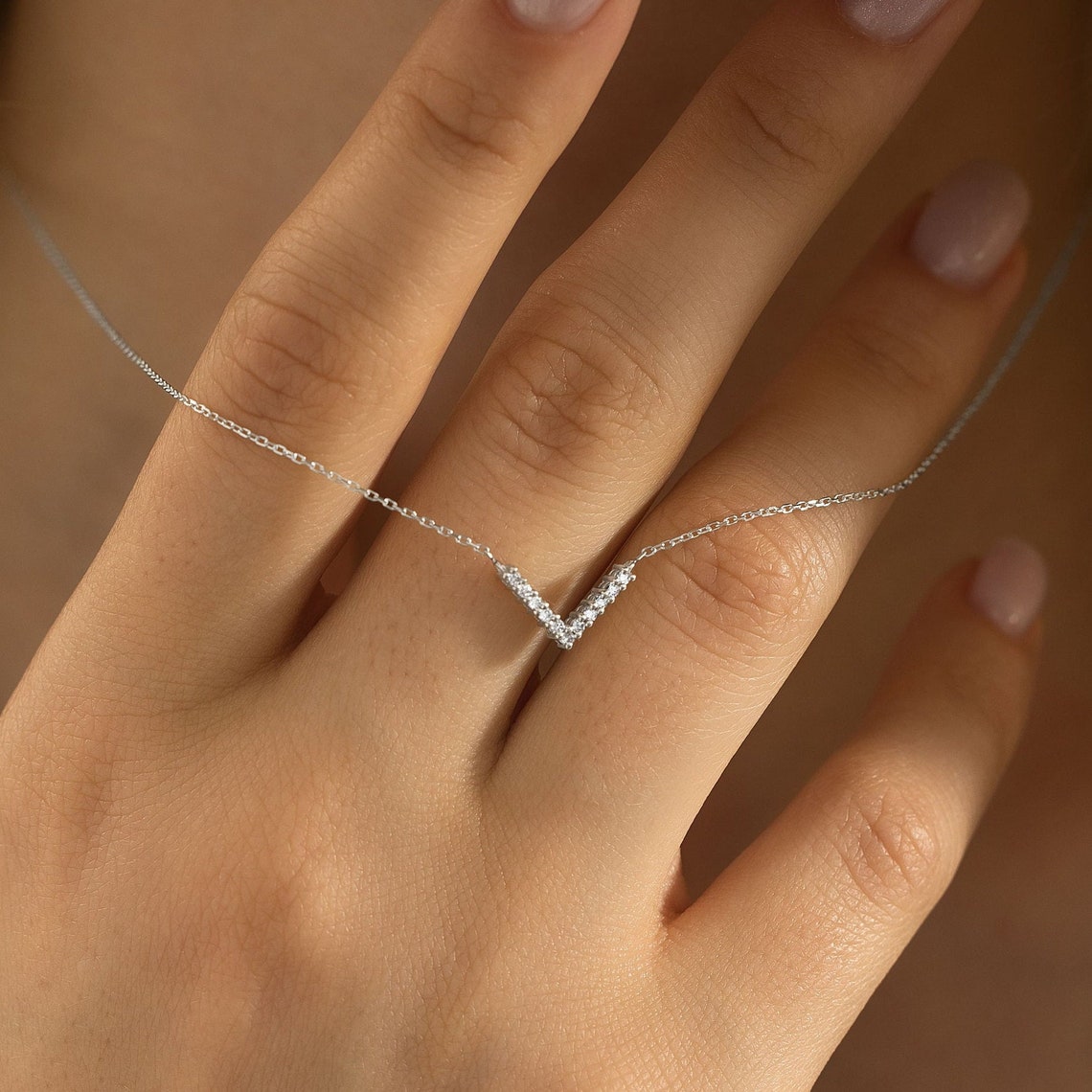 0.10 TCW Round Moissanite Diamond V Shaped Necklace - farrellouise