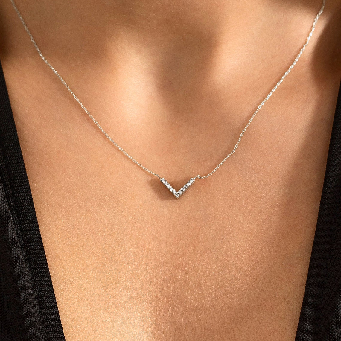 0.10 TCW Round Moissanite Diamond V Shaped Necklace - farrellouise
