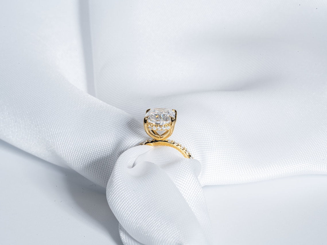 3.0 CT Elongated Cushion Moissanite Hidden Halo Engagement Ring With Pave Setting - farrellouise