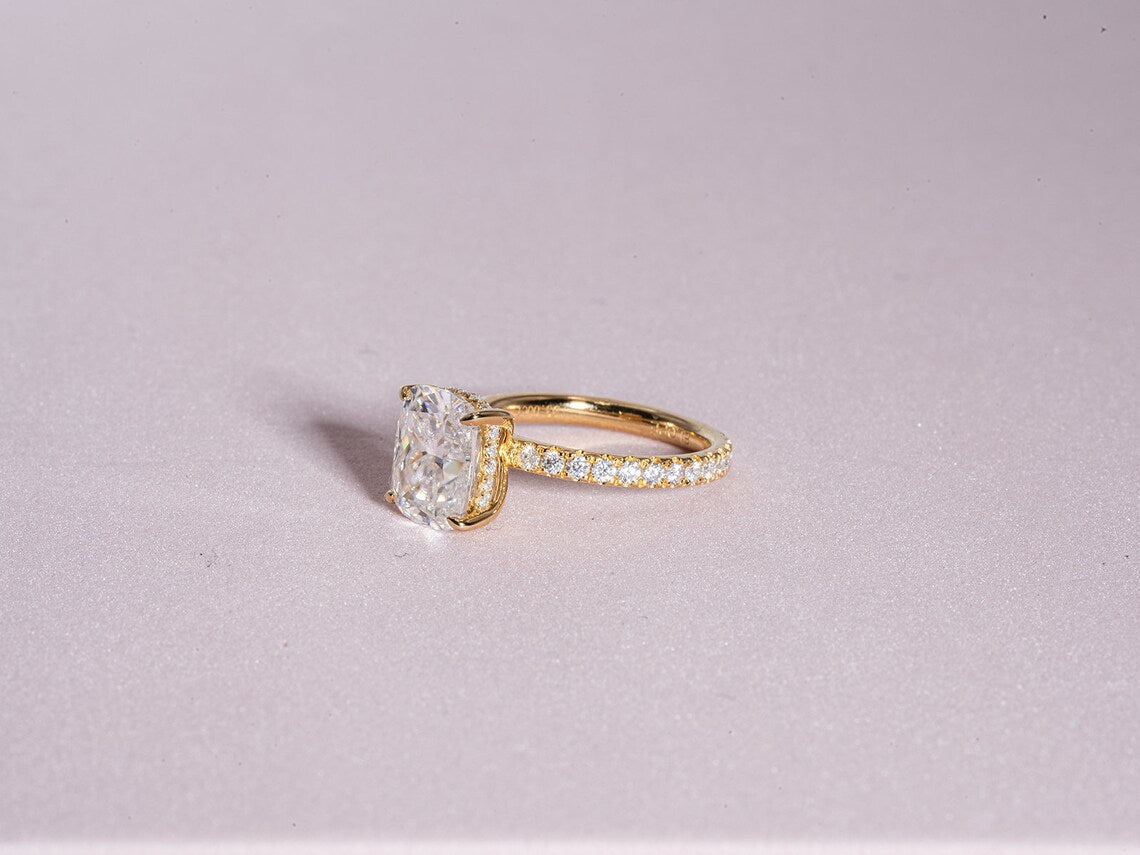 3.0 CT Elongated Cushion Moissanite Hidden Halo Engagement Ring With Pave Setting - farrellouise