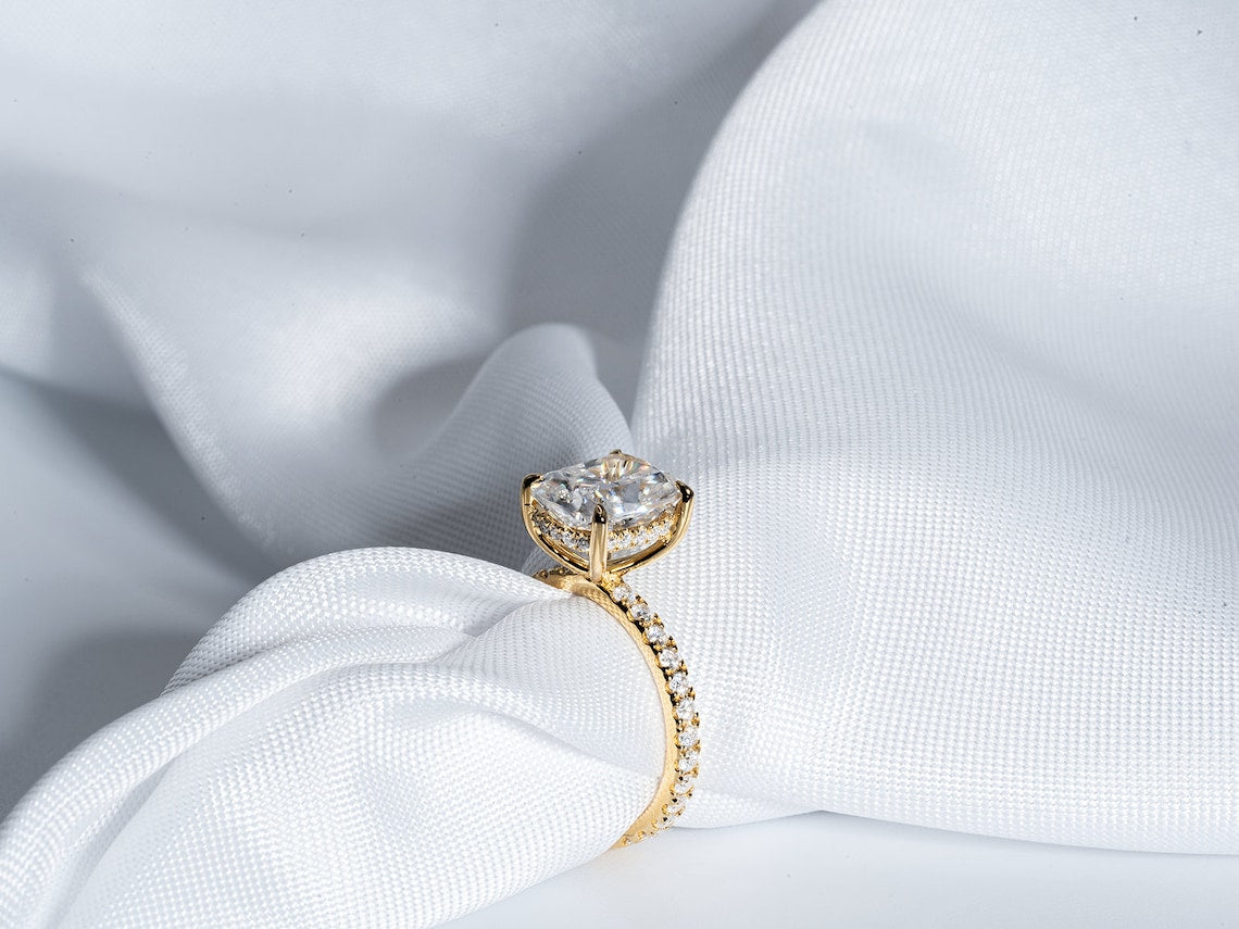 3.0 CT Elongated Cushion Moissanite Hidden Halo Engagement Ring With Pave Setting - farrellouise
