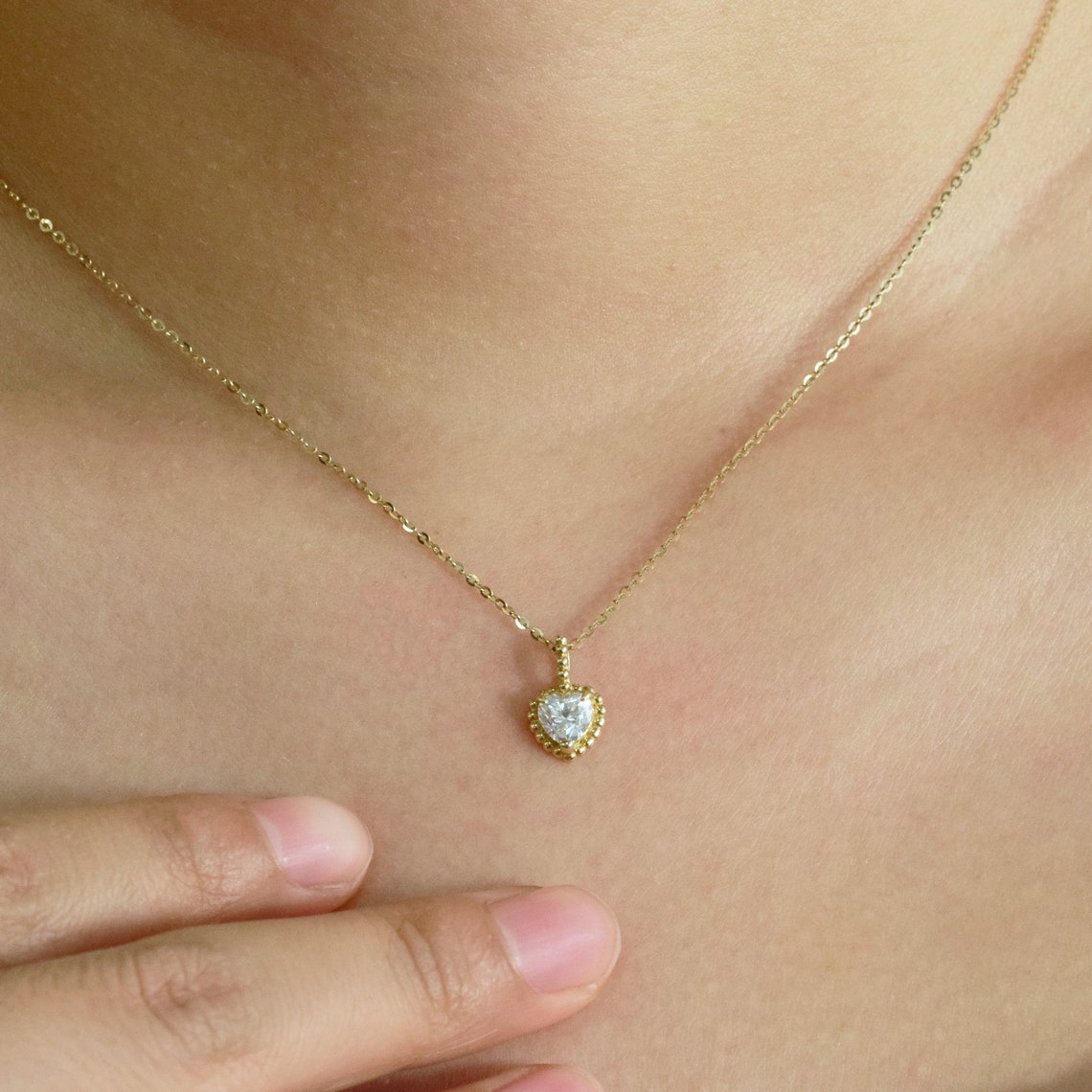 0.20 TCW Heart Moissanite Diamond Milgrain Solitaire Necklace - farrellouise