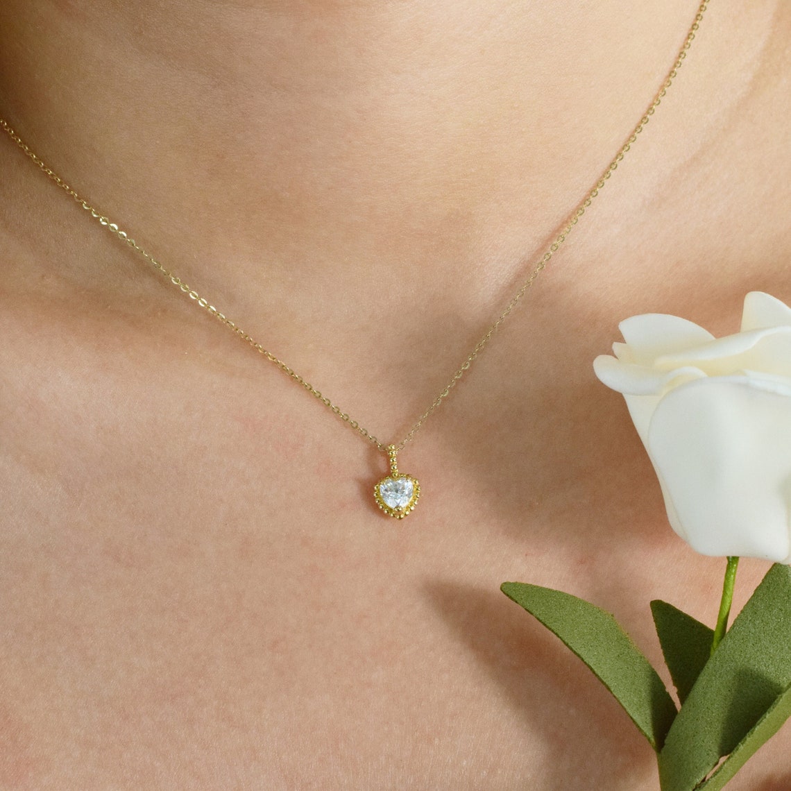 0.20 TCW Heart Moissanite Diamond Milgrain Solitaire Necklace - farrellouise