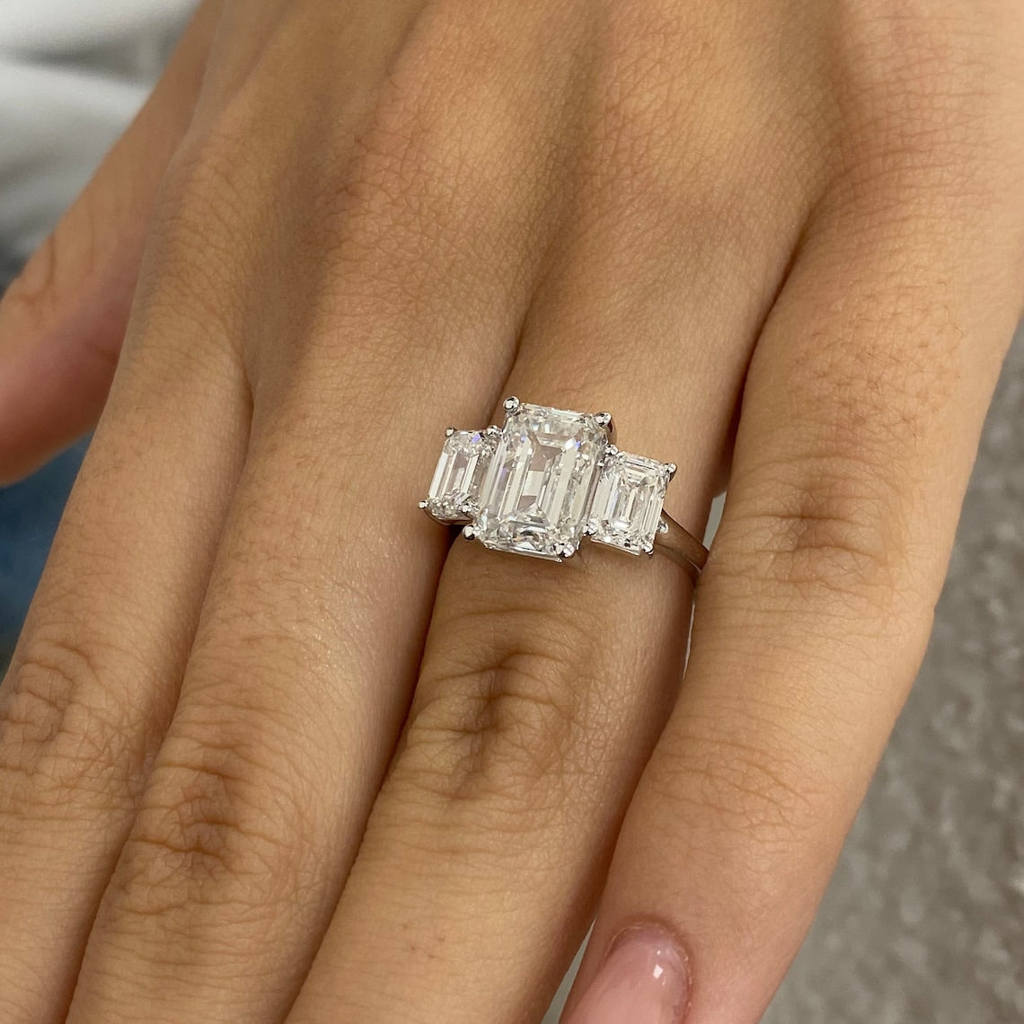 3.0 CT Emerald Moissanite Three Stone Engagement Ring - farrellouise