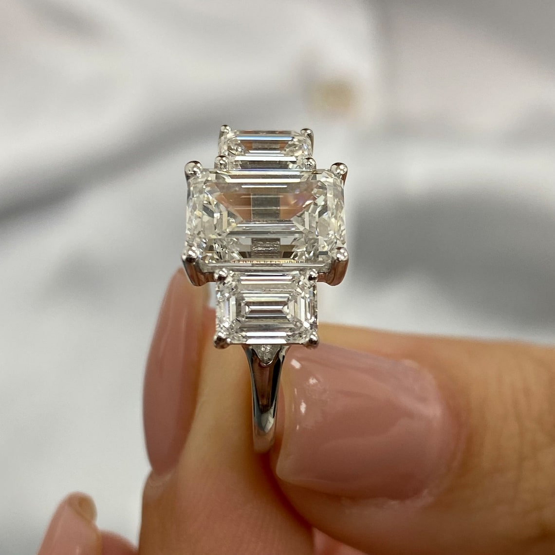 3.0 CT Emerald Moissanite Three Stone Engagement Ring - farrellouise