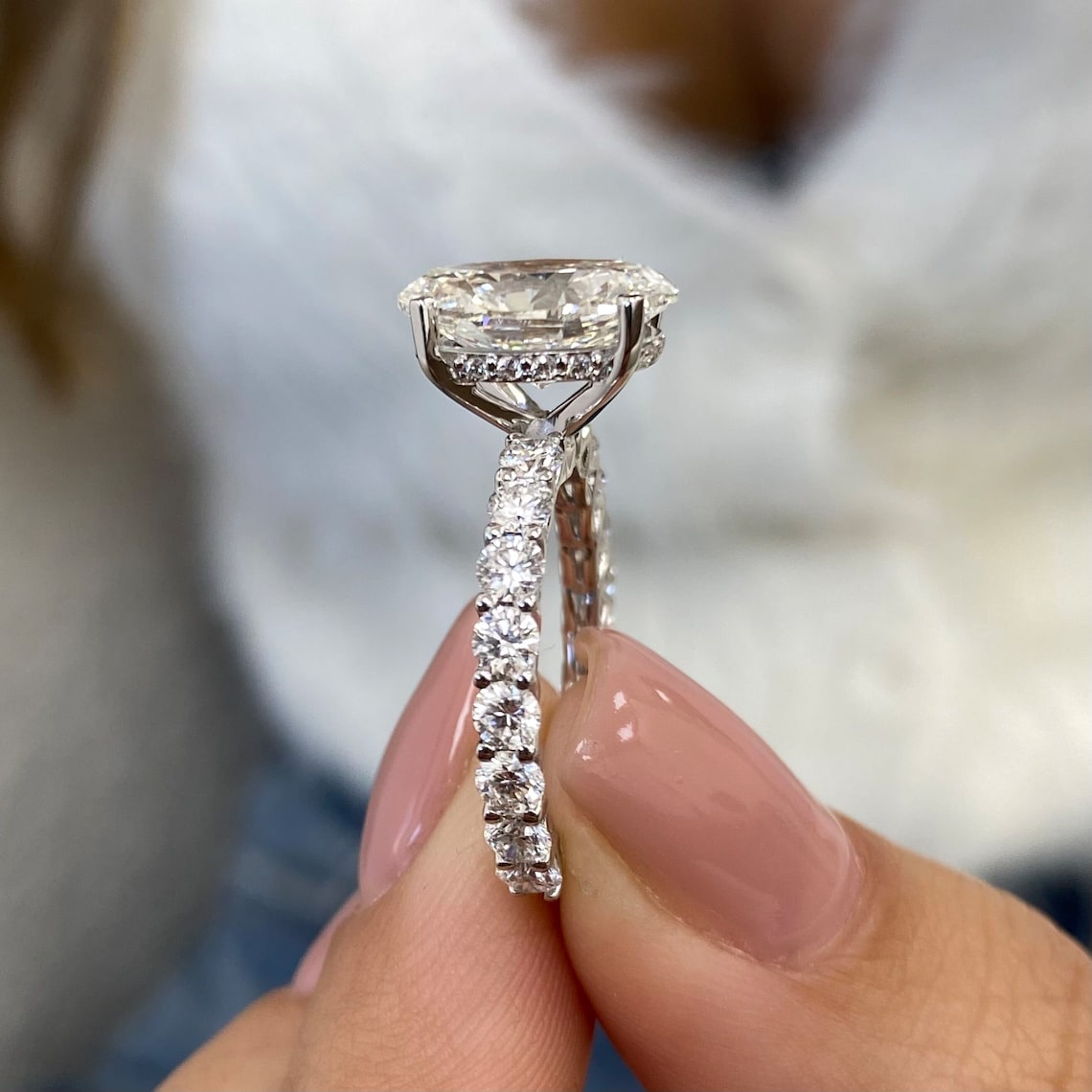 3.0 CT Oval Moissanite Hidden Halo Engagement Ring With Pave Setting - farrellouise