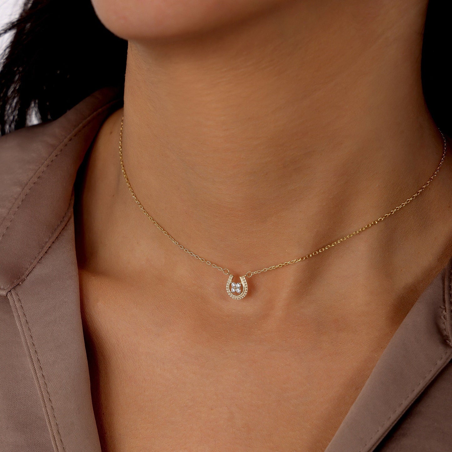 0.10 TCW Round Moissanite Tiny Horseshoe Necklace - farrellouise