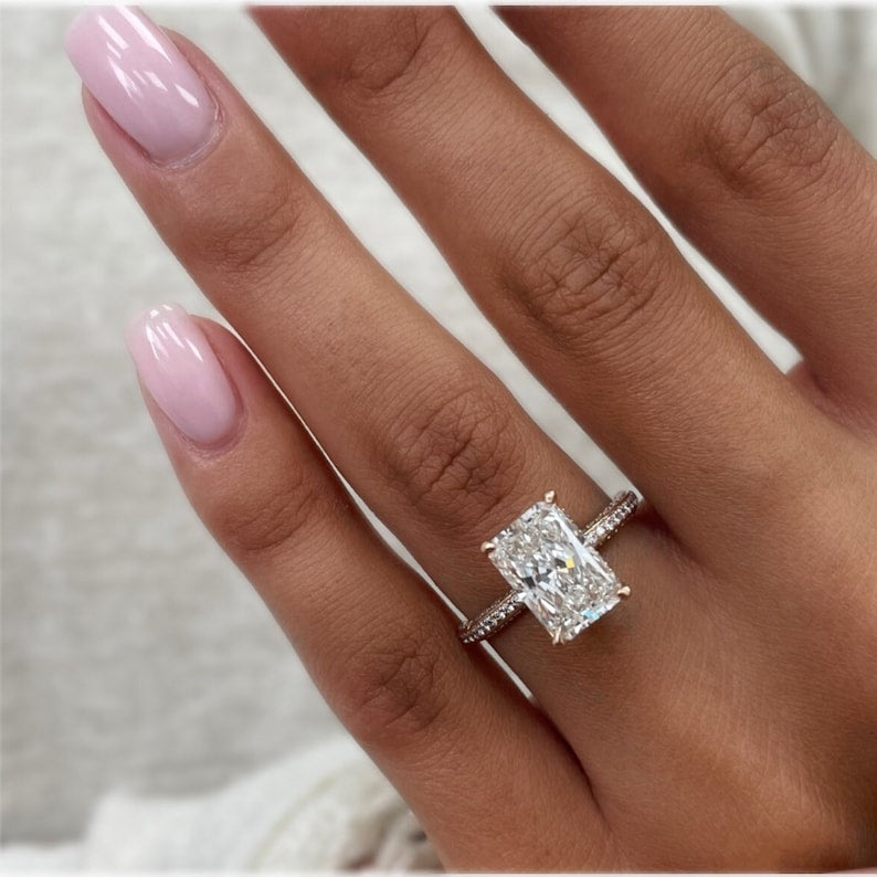 2.57 CT Radiant Moissanite Hidden Halo Engagement Ring With Pave Setting - farrellouise