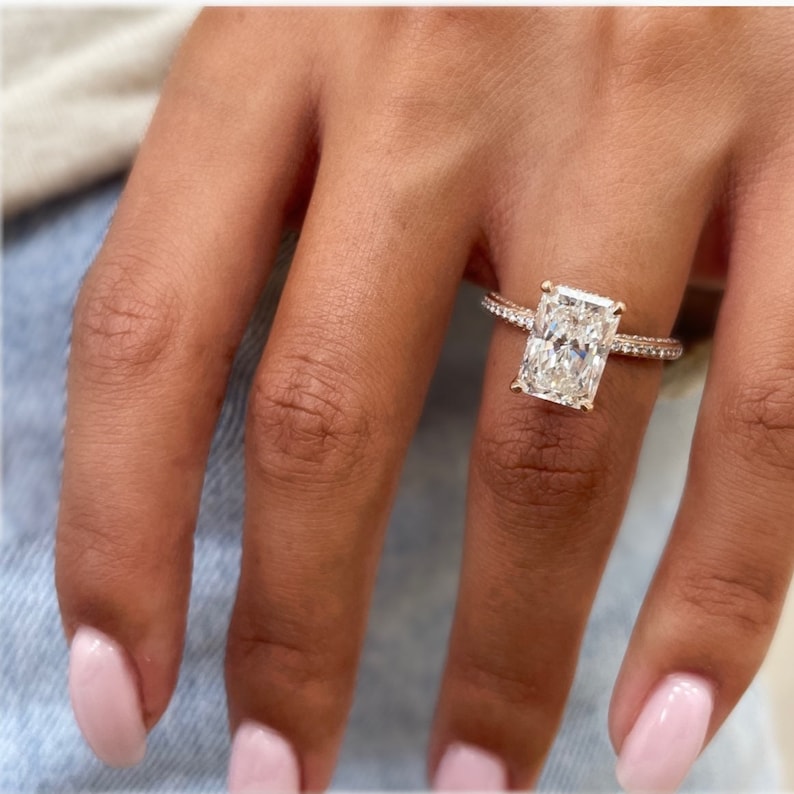 2.57 CT Radiant Moissanite Hidden Halo Engagement Ring With Pave Setting - farrellouise