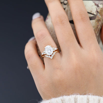 3.0 CT Oval Moissanite Cluster Bridal Ring Set - farrellouise
