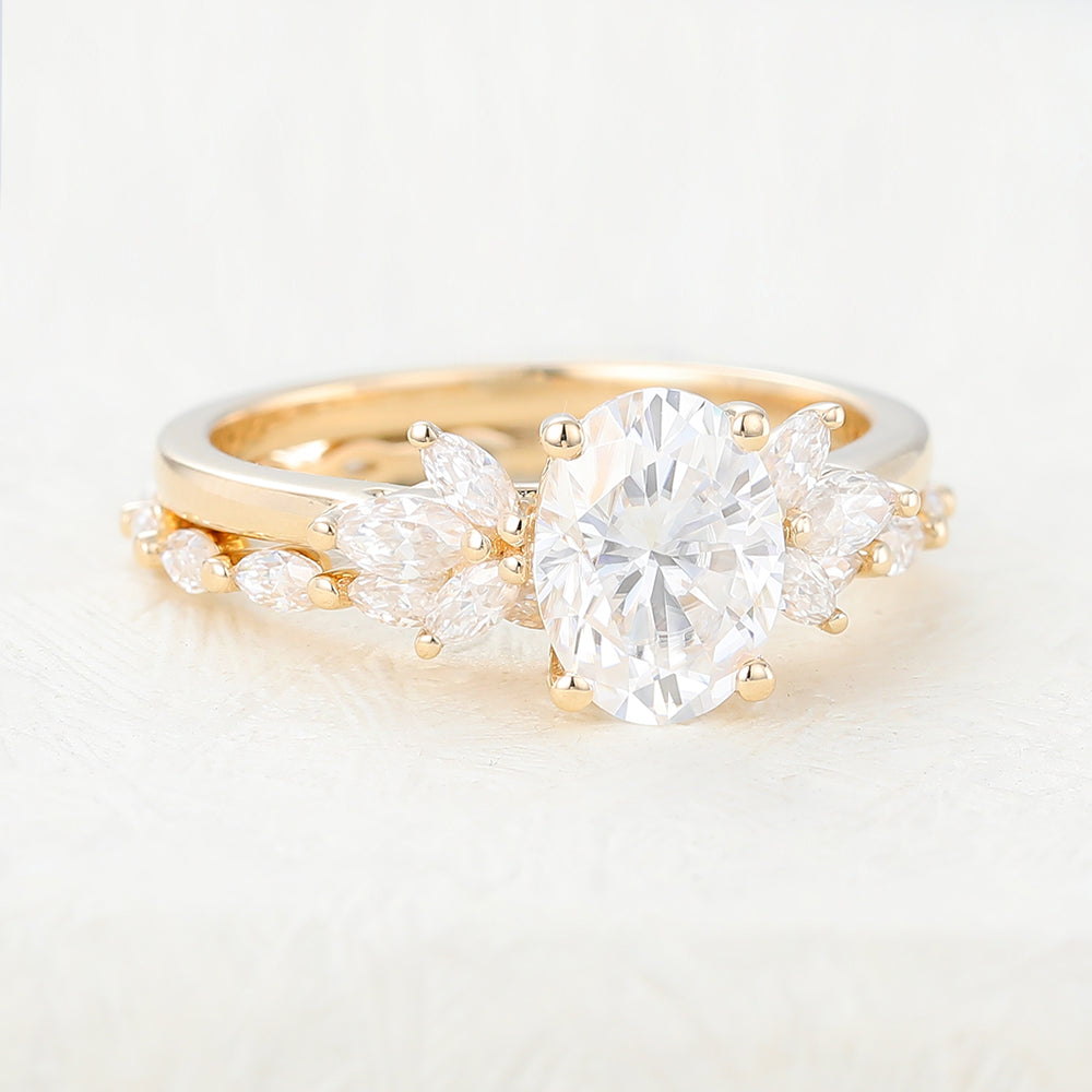 1.33 CT Oval Moissanite Cluster Bridal Ring Set - farrellouise