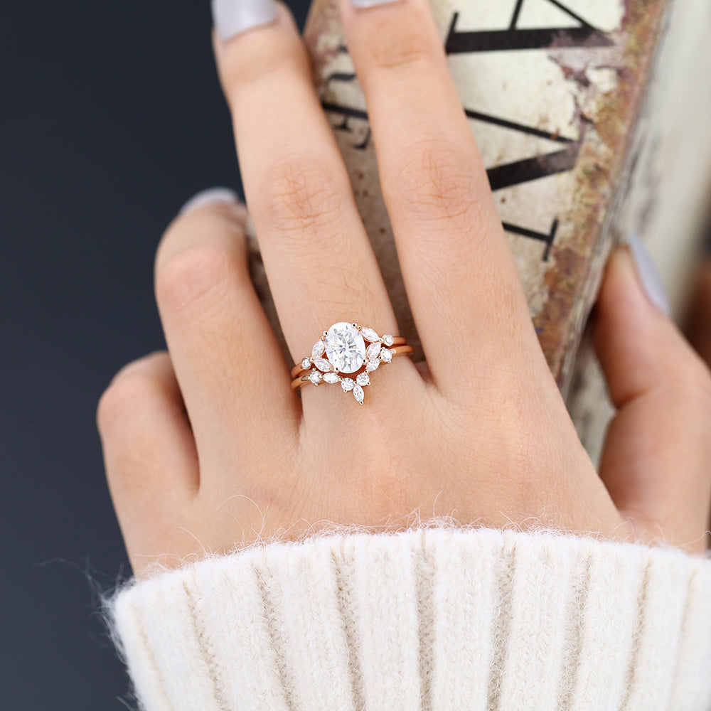 1.33 CT Oval Moissanite Cluster Bridal Ring Set - farrellouise