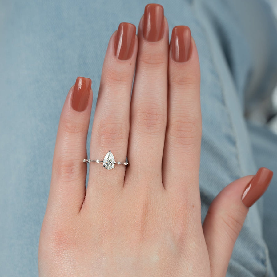 1.0 CT Pear Lab Grown Hidden Halo Dainty Pave Engagement Ring + 0.50 ct pear - D VS1