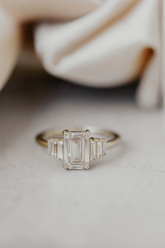 1.55 CT Emerald Cut Cluster Moissanite Engagement Ring - farrellouise