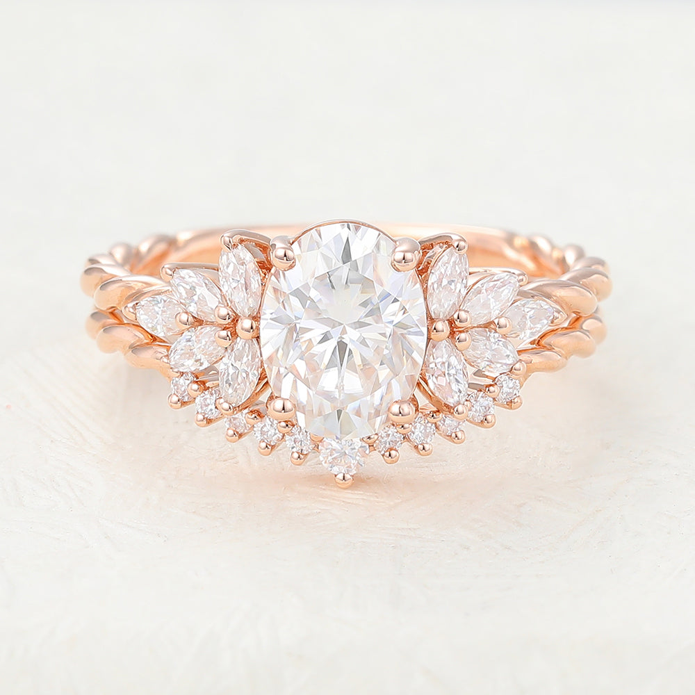 1.33 CT Oval Moissanite Cluster Bridal Ring Set - farrellouise
