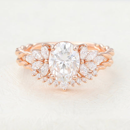 1.33 CT Oval Moissanite Cluster Bridal Ring Set - farrellouise