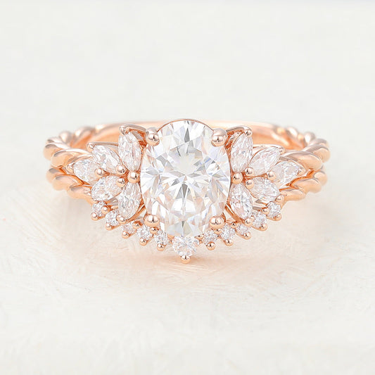 1.33 CT Oval Moissanite Cluster Bridal Ring Set - farrellouise