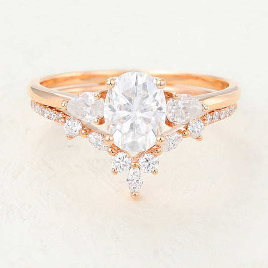 1.33 CT Oval Moissanite Three Stones Bridal Ring Set - farrellouise