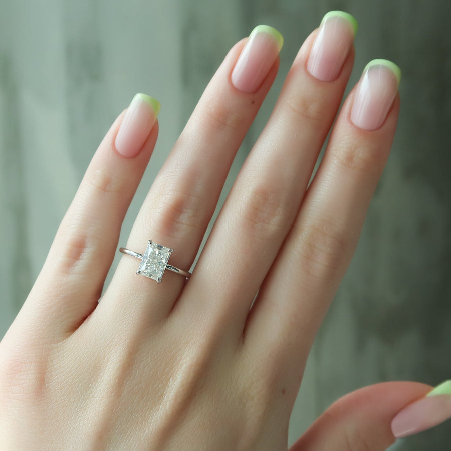 2.0 CT Radiant Lab Grown Hidden Halo Engagement Ring + 0.56 ct radiant - D VS1