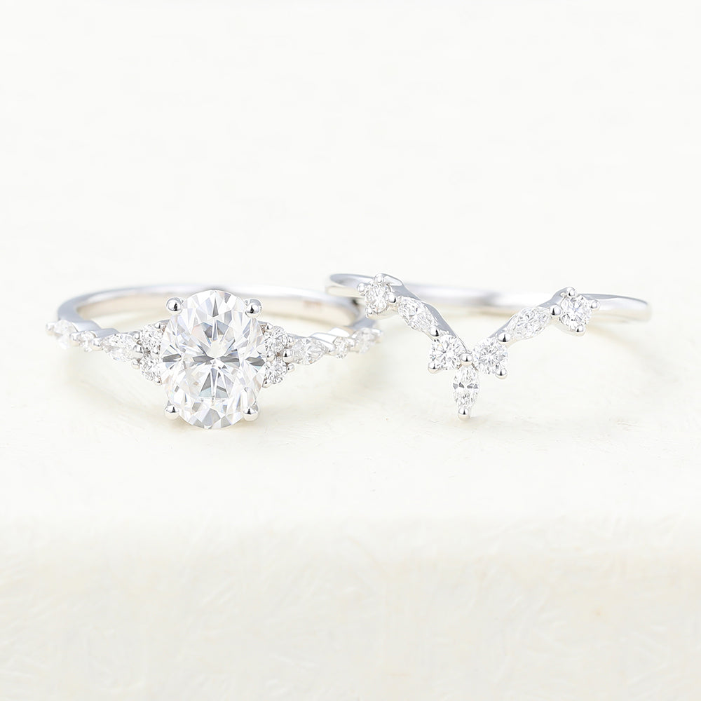 1.33 CT Oval Moissanite Cluster Bridal Ring Set - farrellouise