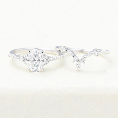 1.33 CT Oval Moissanite Cluster Bridal Ring Set - farrellouise