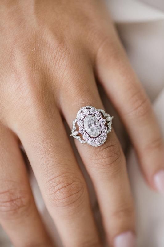 1.85 CT- 3.85 CT Oval Art Deco Halo Moissanite Engagement Ring - farrellouise
