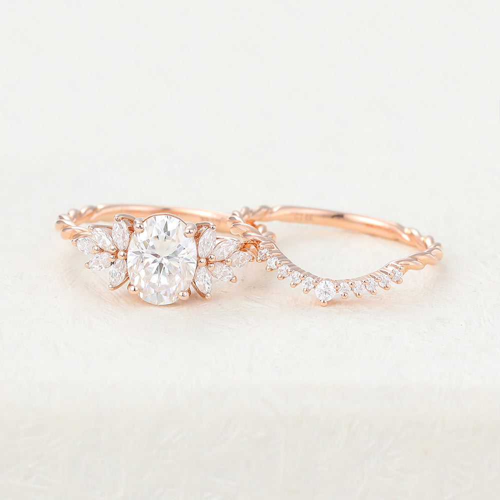 1.33 CT Oval Moissanite Cluster Bridal Ring Set - farrellouise