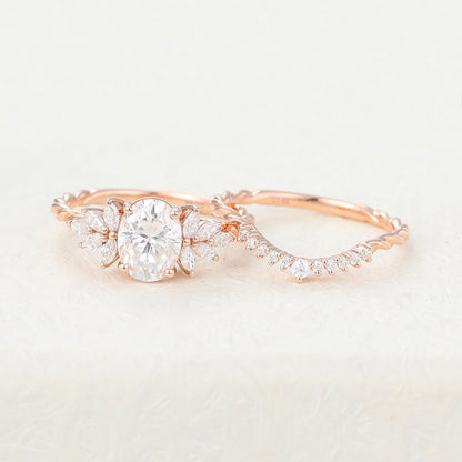 1.33 CT Oval Moissanite Cluster Bridal Ring Set - farrellouise