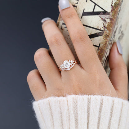 1.33 CT Oval Moissanite Cluster Bridal Ring Set - farrellouise