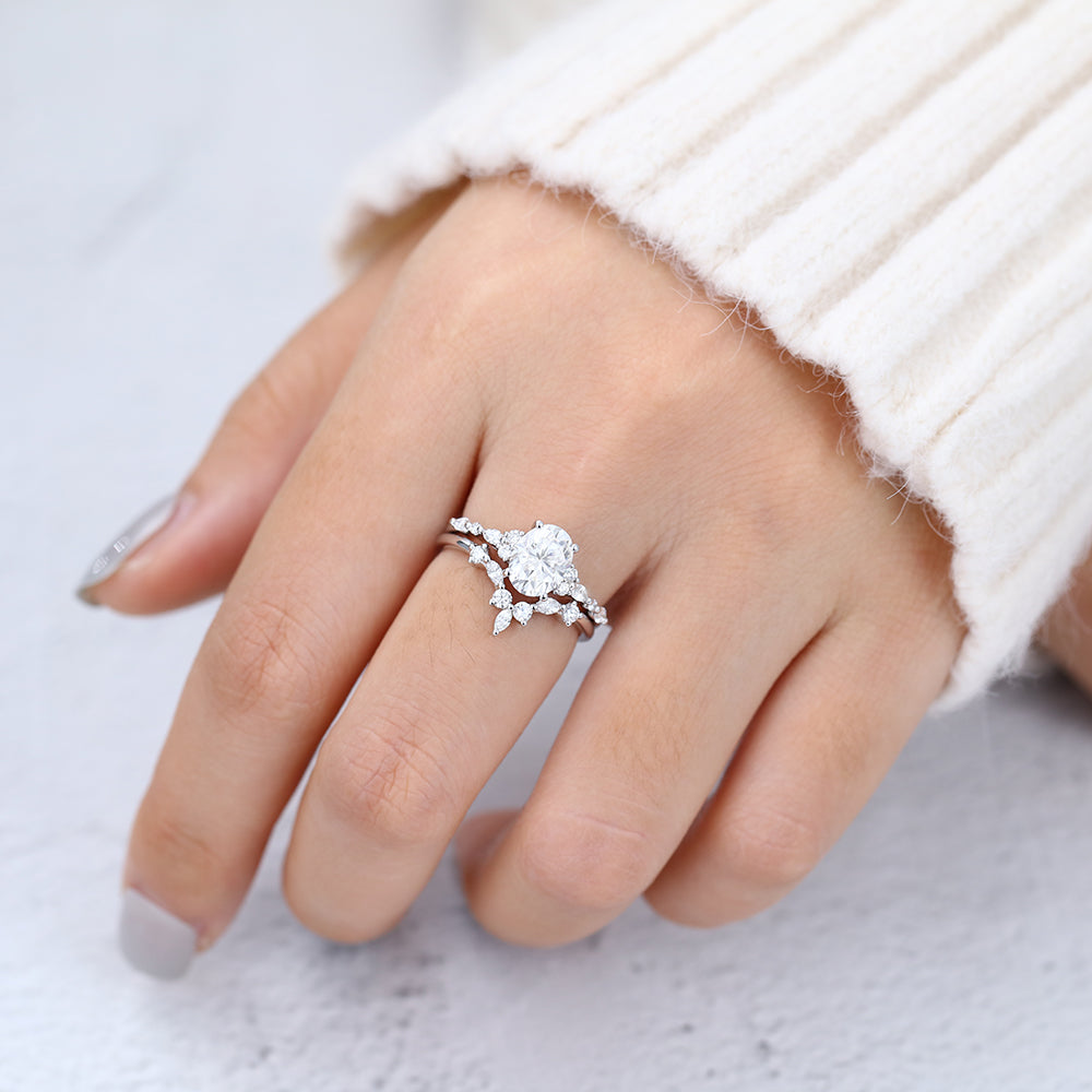 1.33 CT Oval Moissanite Cluster Bridal Ring Set - farrellouise