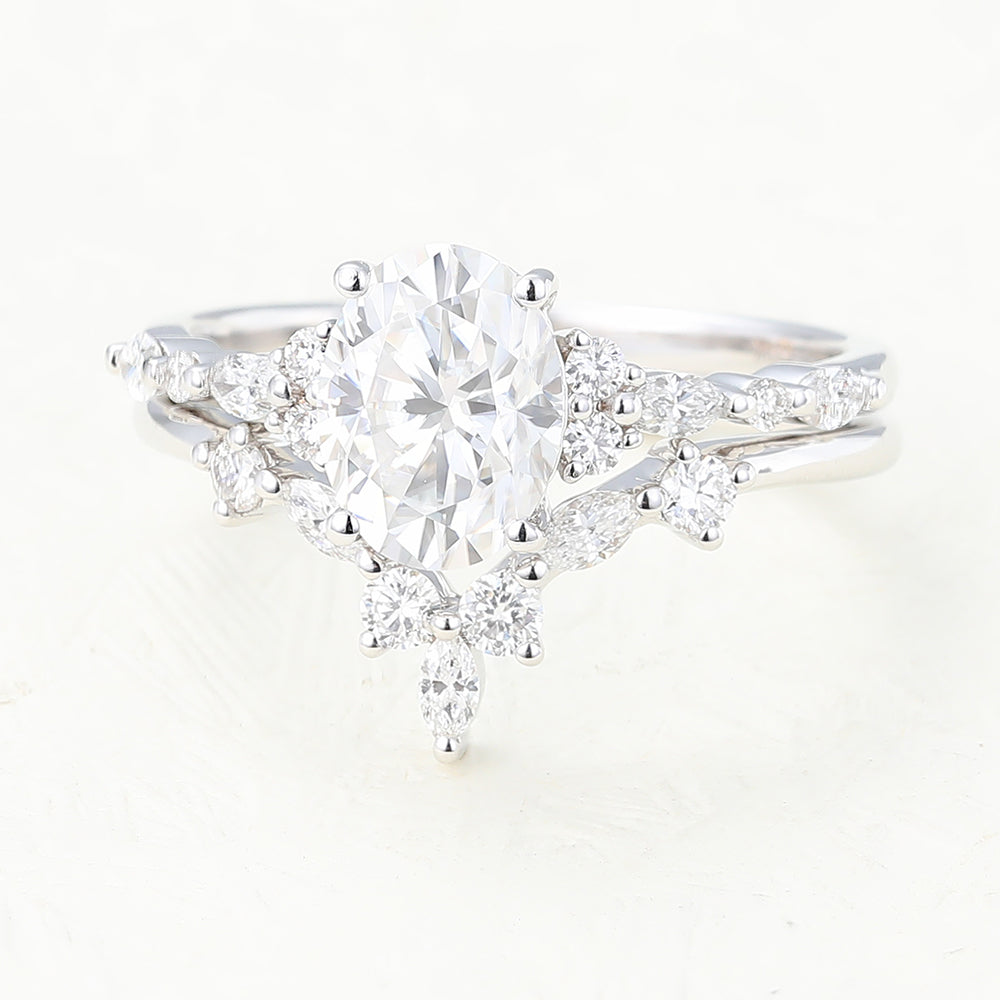 1.33 CT Oval Moissanite Cluster Bridal Ring Set - farrellouise