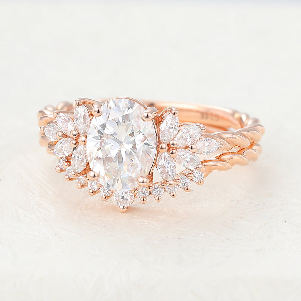 1.33 CT Oval Moissanite Cluster Bridal Ring Set - farrellouise