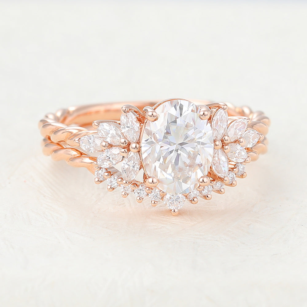 1.33 CT Oval Moissanite Cluster Bridal Ring Set - farrellouise
