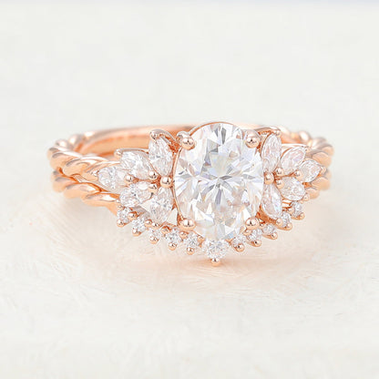1.33 CT Oval Moissanite Cluster Bridal Ring Set - farrellouise
