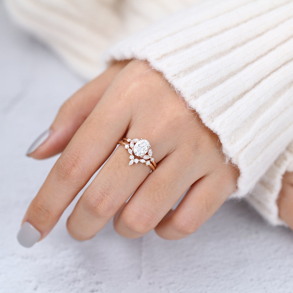 1.33 CT Oval Moissanite Cluster Bridal Ring Set - farrellouise