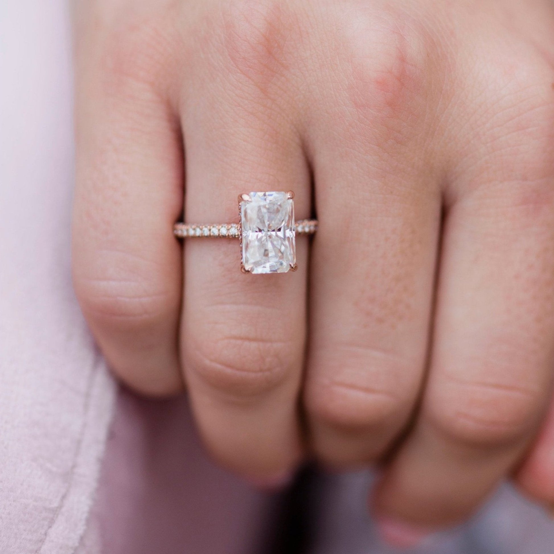 3.55 CT Radiant Solitaire Hidden Halo & Pave Moissanite Engagement Ring - farrellouise