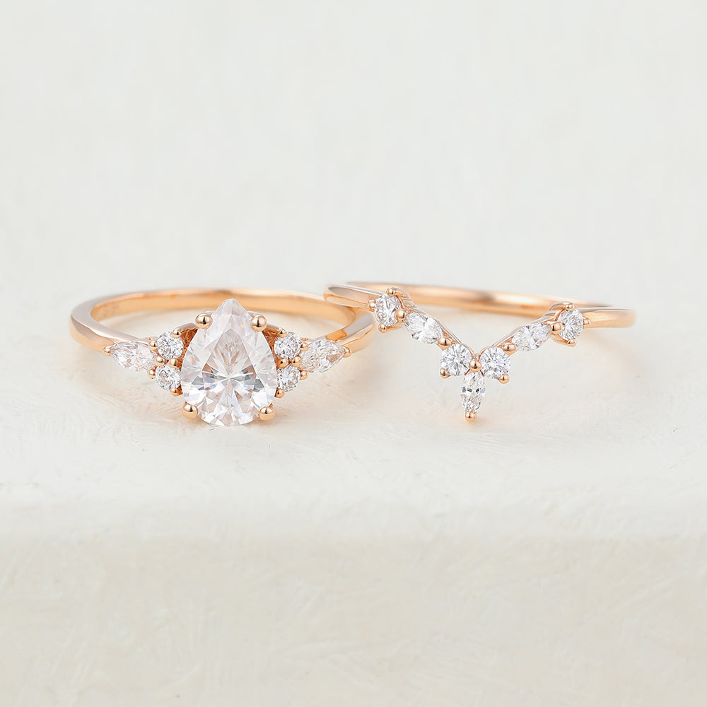 1.20 CT Pear Moissanite Cluster Bridal Ring Set - farrellouise
