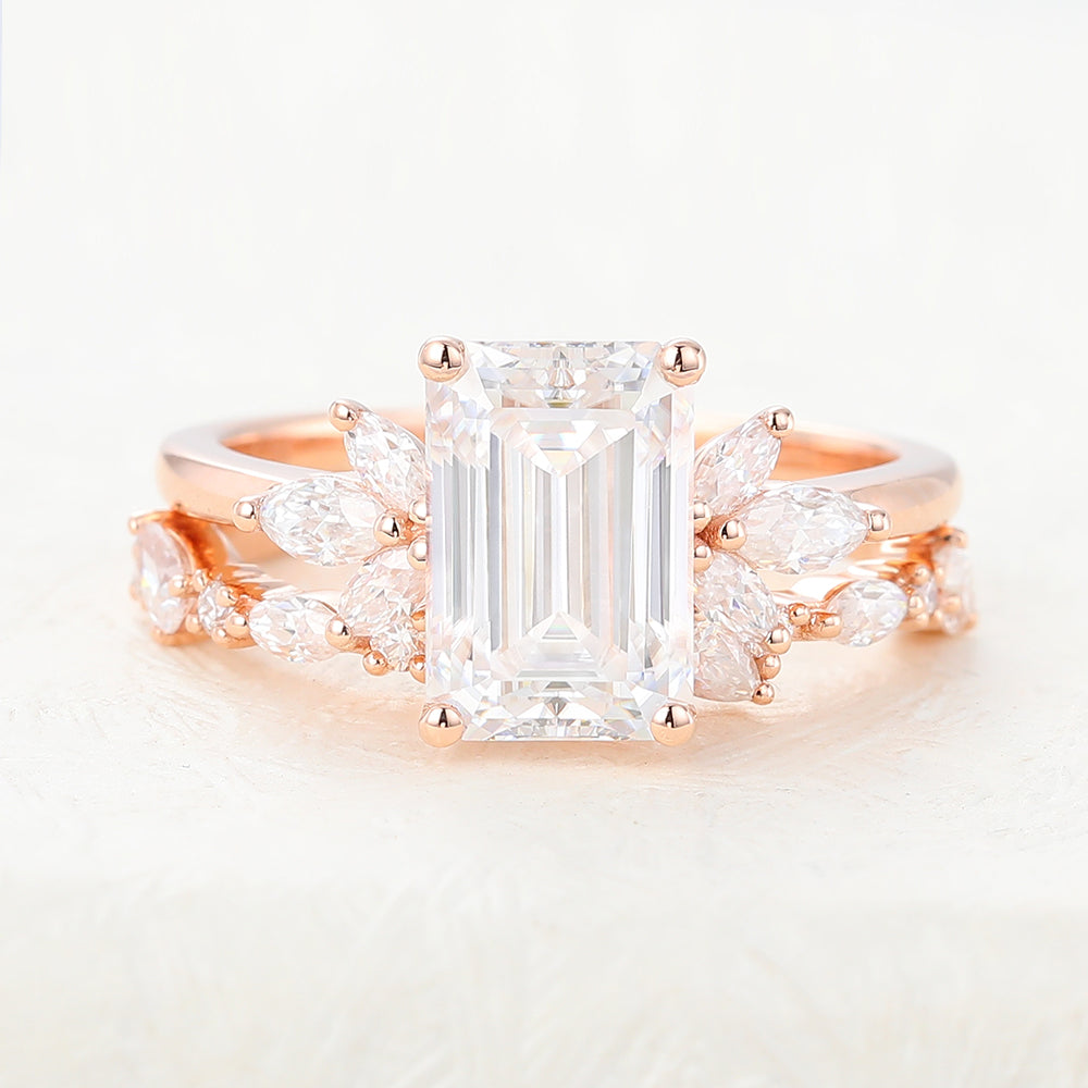 1.89 CT Emerald Moissanite Cluster Bridal Ring Set - farrellouise