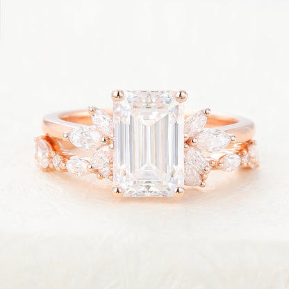 1.89 CT Emerald Moissanite Cluster Bridal Ring Set - farrellouise