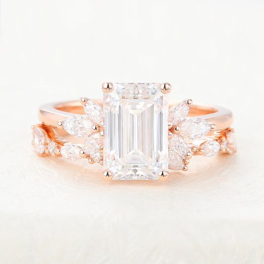 1.89 CT Emerald Moissanite Cluster Bridal Ring Set - farrellouise