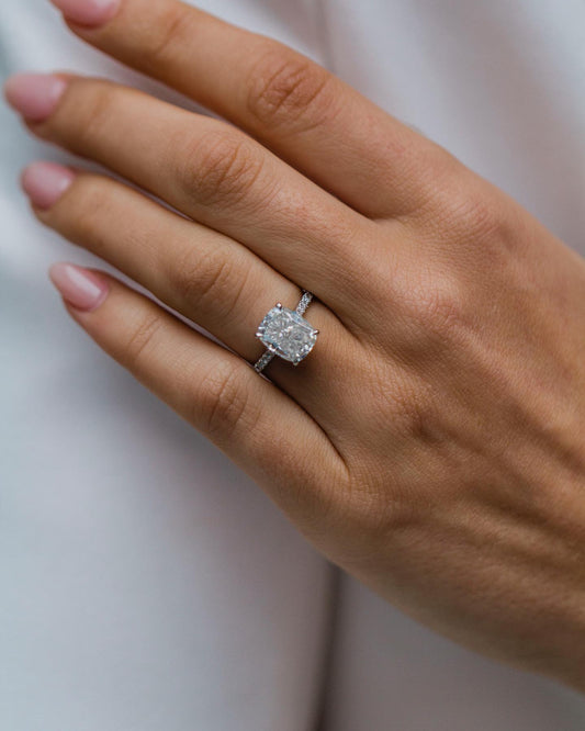3.20 CT Cushion Solitaire Hidden Halo & Pave Moissanite Engagement Ring - farrellouise