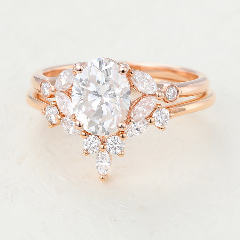 1.33 CT Oval Moissanite Cluster Bridal Ring Set - farrellouise