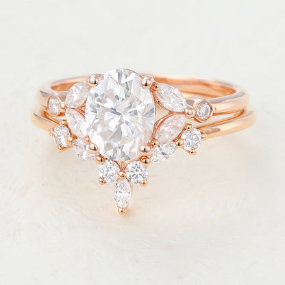1.33 CT Oval Moissanite Cluster Bridal Ring Set - farrellouise